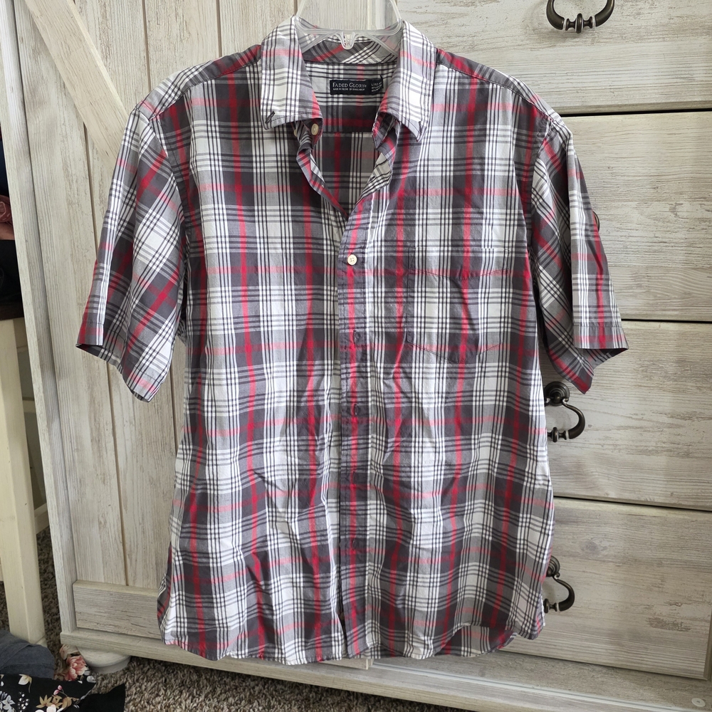 Plaid Short-Sleeve Button-Up Shirt - White, Gray & Red